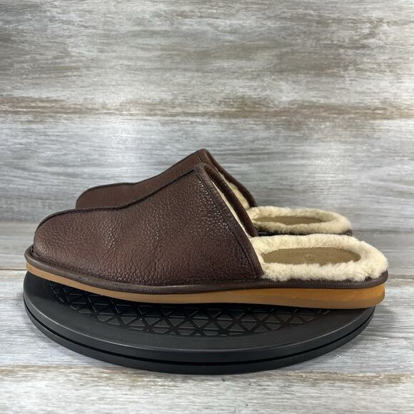 Brooks Brothers Mens Leather SlippersBrown Shearling Wool Scuff Luxury Size 8 - Picture 1 of 8
